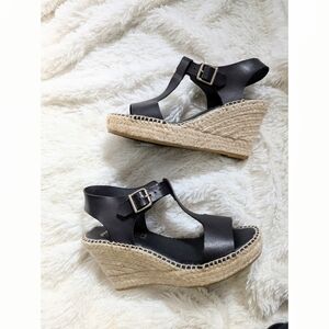 Paseart Made In Spain Black Leather Espadrille Wedge Platform Sandals Size 40
